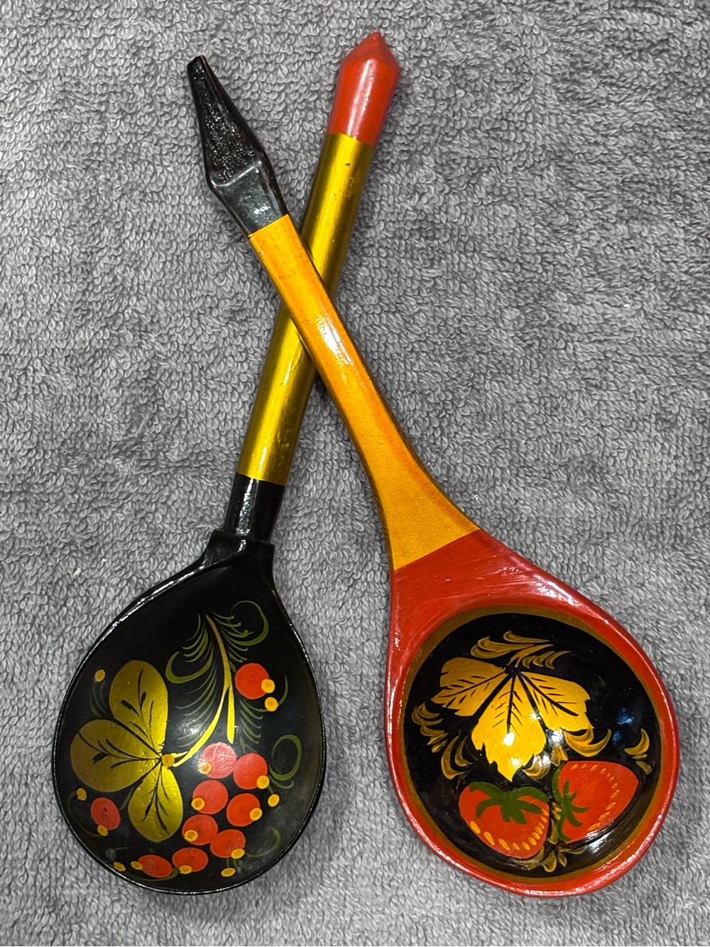 Vintage Hand Painted Russian Khokhloma Wooden Spoon & Ladle Set Black Gold Red
